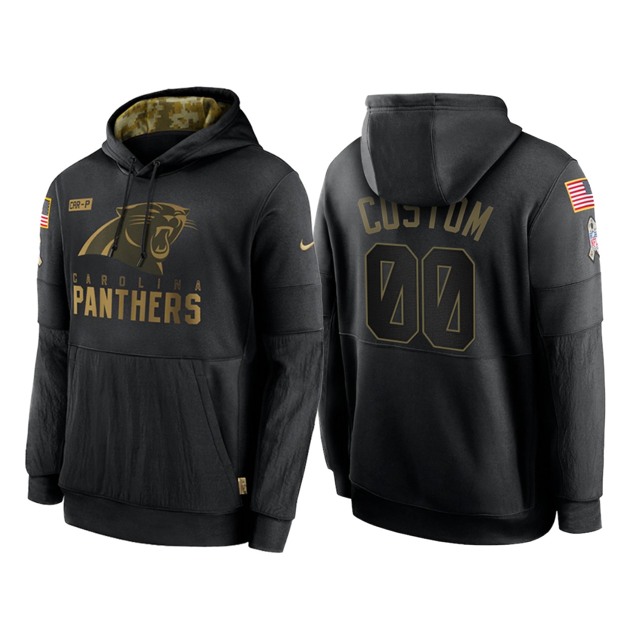 Men's Carolina Panthers Customized 2020 Black Salute To Service Sideline Performance Pullover Hoodie